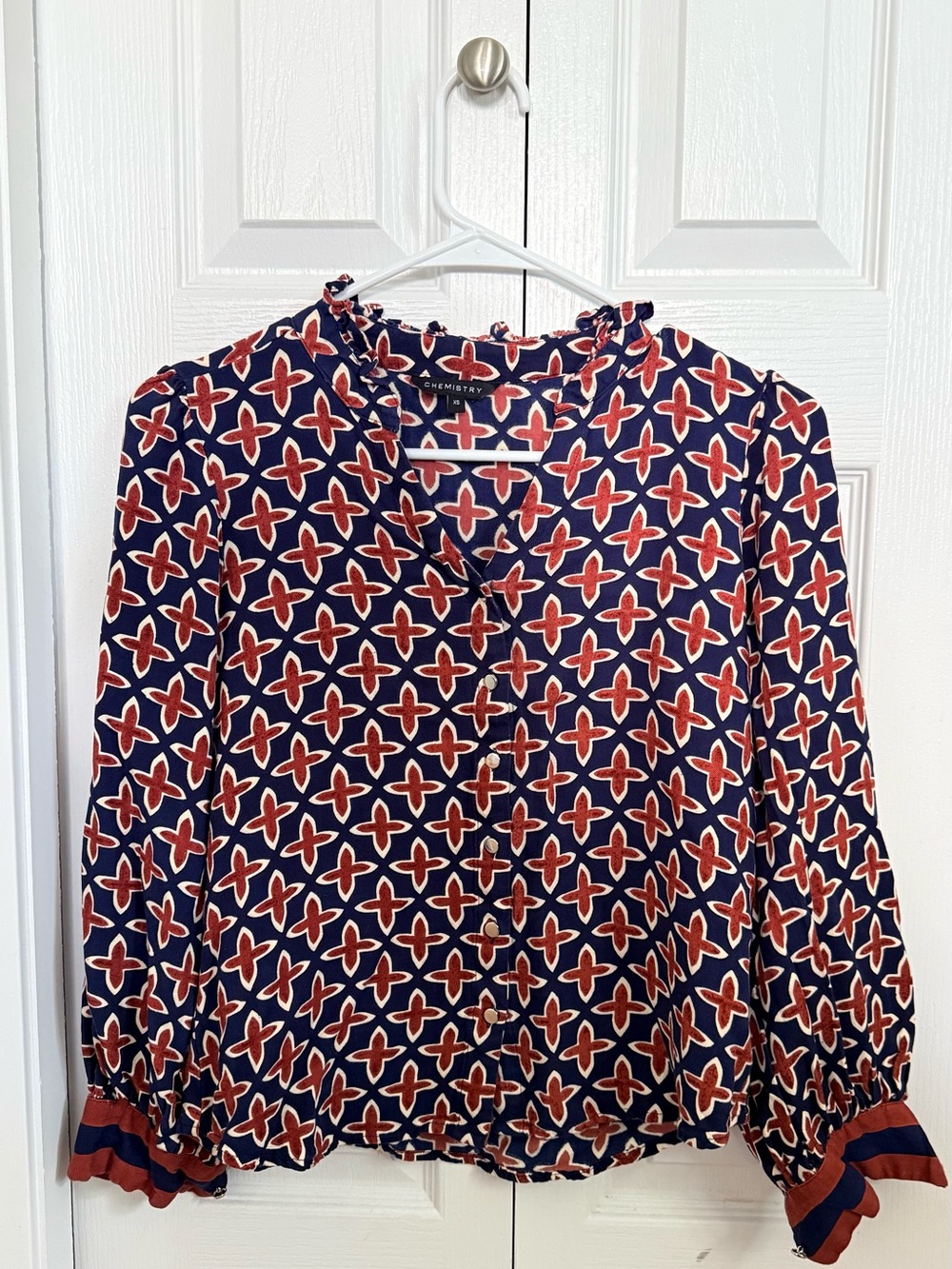Chemistry Navy and Rust Geometric Button-Front Blouse